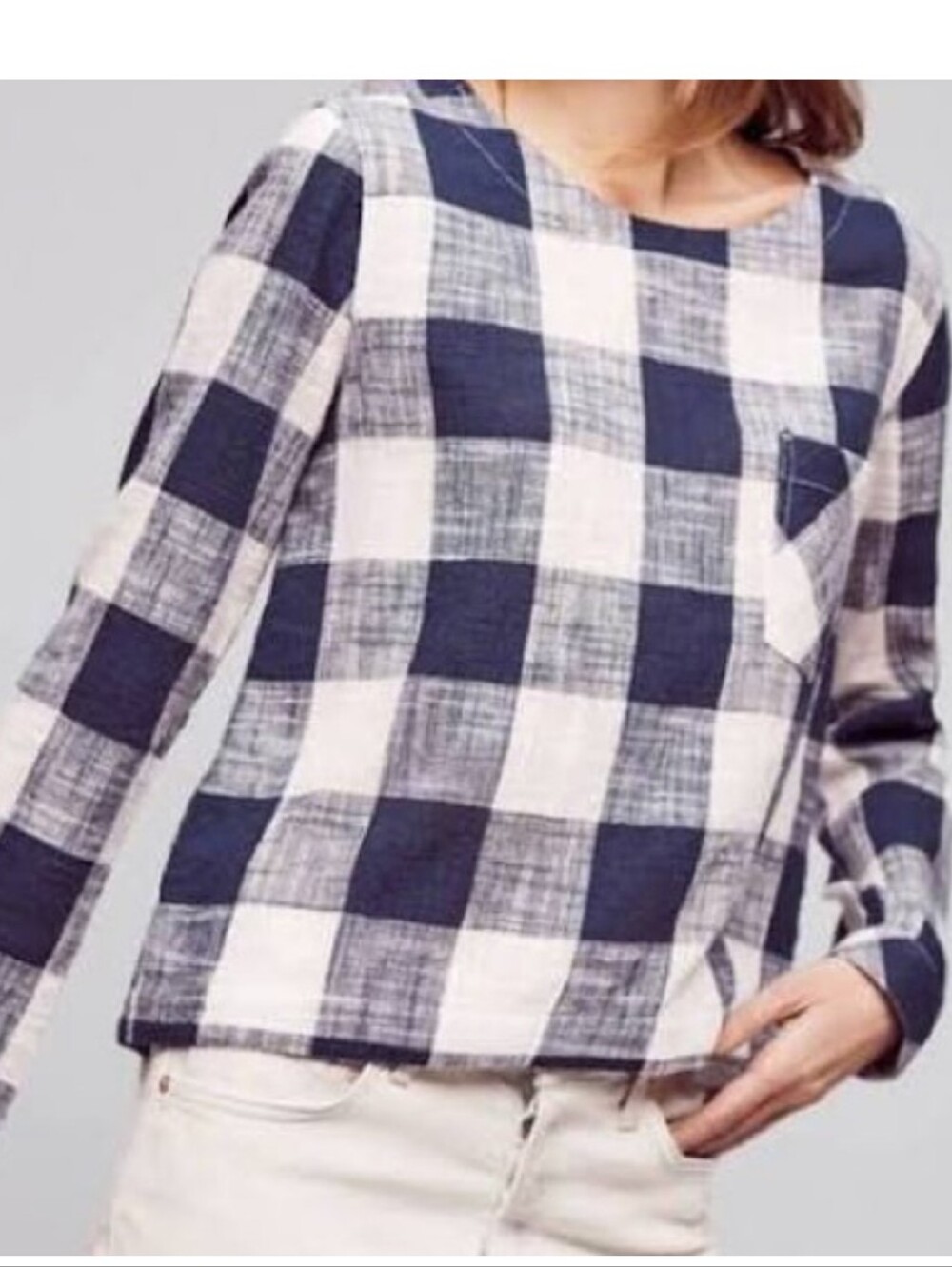 Anthropologie Navy and White Gingham Long-Sleeve Shirt